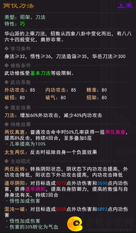 《我来自江湖》两仪刀法武学属性效果一览